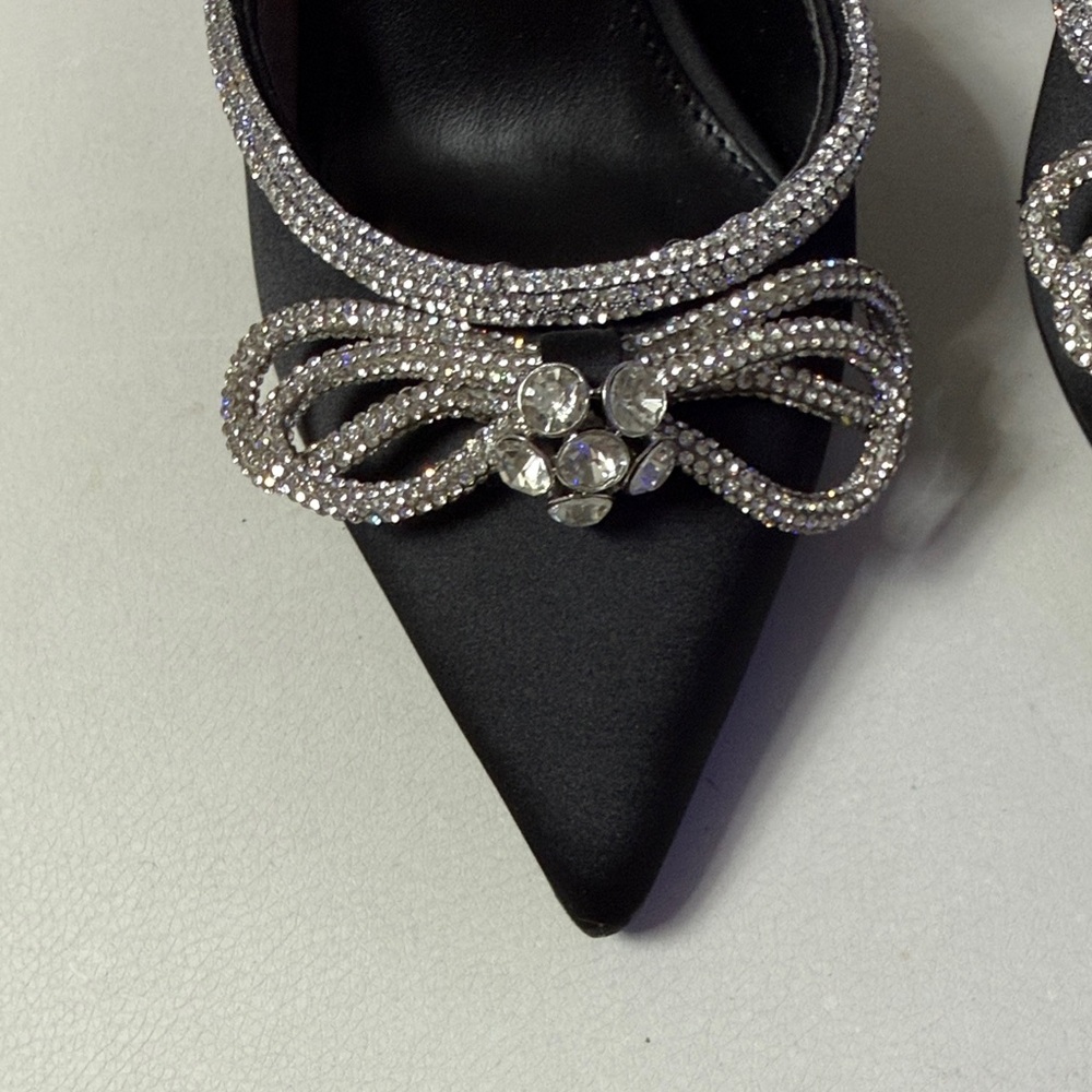 Steve Madden Black Satin Pointed Toe Crystal Bow Heels with Rhinestone Straps - Picture 4 of 9